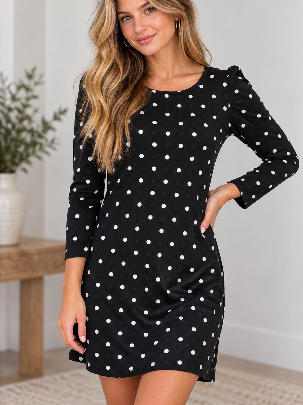 Old Navy Retro Vintage Inspired Round Neck Black Dress with White Polka Dots. S